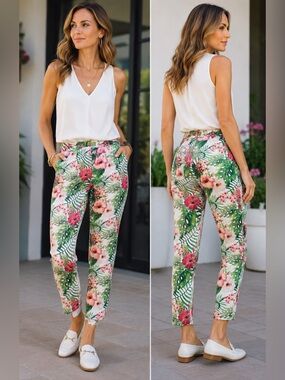 Sacoor Brothers pink green floral flower tropical ankle pants Sz 38 NWT